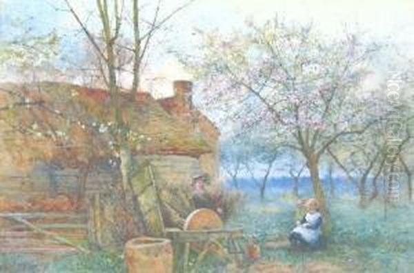 Children In An Orchard Oil Painting by Benjamin D. Sigmund