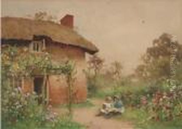 Children Playing Before A Cottage Oil Painting by Benjamin D. Sigmund