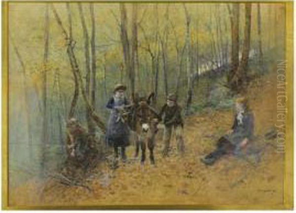 Enfants Ramassant Des Brindilles Oil Painting by Benjamin D. Sigmund