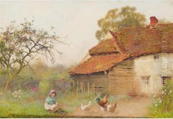 Flower Gathering, Worcestershire; Cottage In Worcestershire Lane Oil Painting by Benjamin D. Sigmund