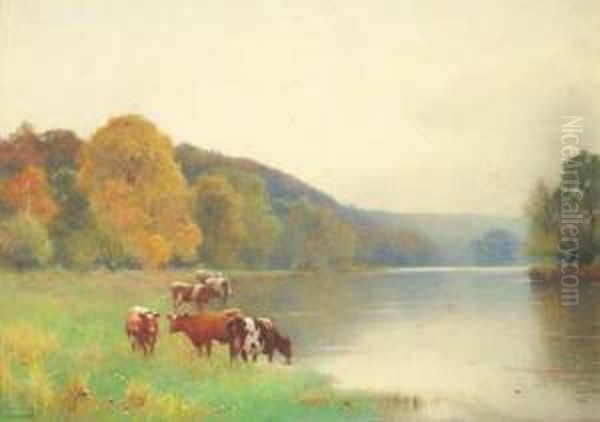 Cattle Watering At The Edge Of A Lake; And Cattle In A Pasturebeside A Thatched Cottage Oil Painting by Benjamin D. Sigmund