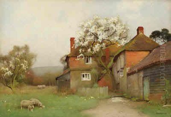 Sheep Grazing By A Cottage Oil Painting by Benjamin D. Sigmund