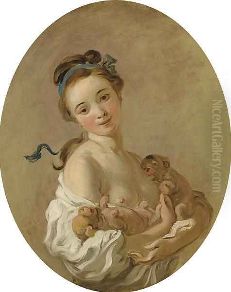 Young girl holding two puppies Oil Painting by Jean-Honore Fragonard