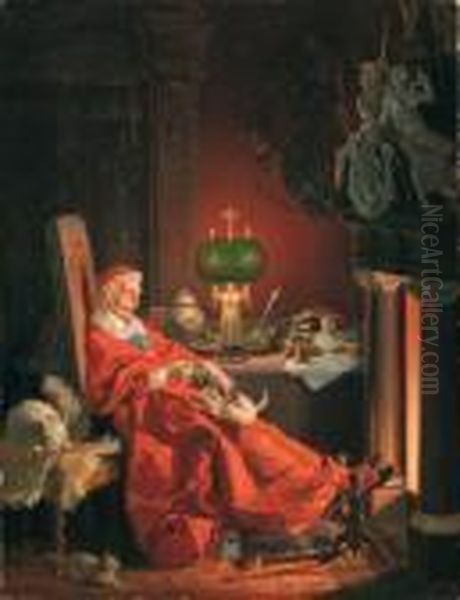 Il Cardinale Richelieu Davanti Al Fuoco Oil Painting by Guiseppe Signorini