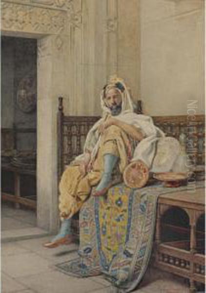 A Pottery Vendor At The Bazaar With His Wares Oil Painting by Guiseppe Signorini