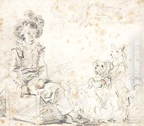 Three dogs standing before a boy seated on a box Oil Painting by Jean-Honore Fragonard