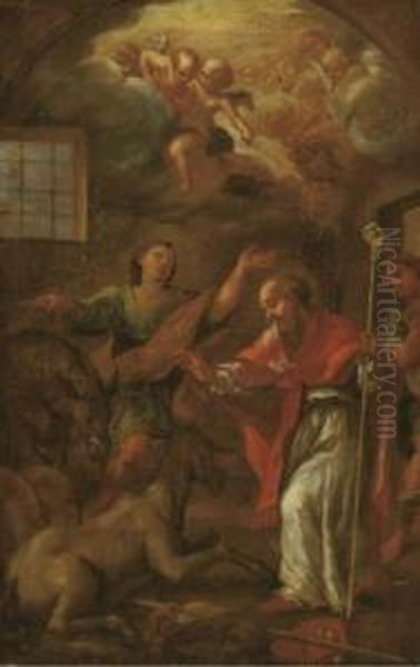 A Bishop Saint In A Stable Oil Painting by Franz Sigrist