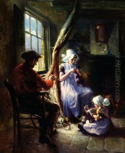 A Fisherman's Family By A Window Oil Painting by Max Silbert