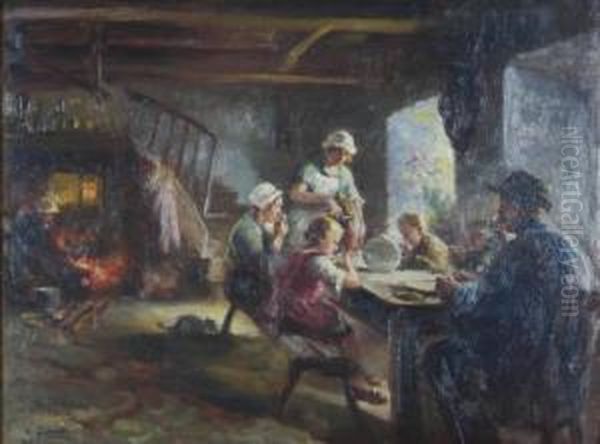 Family Gathered Around The Table Oil Painting by Max Silbert