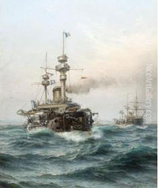 The Capt. R.s. Navy, French Ironclads Oil Painting by Af Herman Sillen