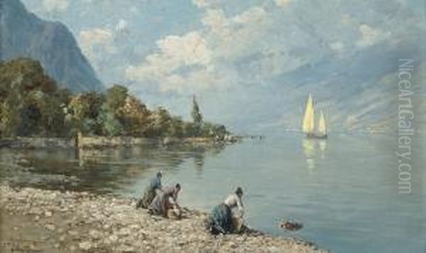 Washerwomen On A North Italian Lake Oil Painting by Ferdinando Silvani