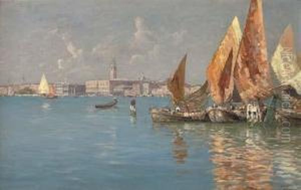 Fishing Vessels Moored Before Venice Oil Painting by Ferdinando Silvani