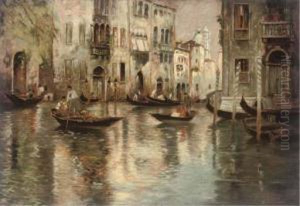 A Busy Backwater, Venice Oil Painting by Ferdinando Silvani