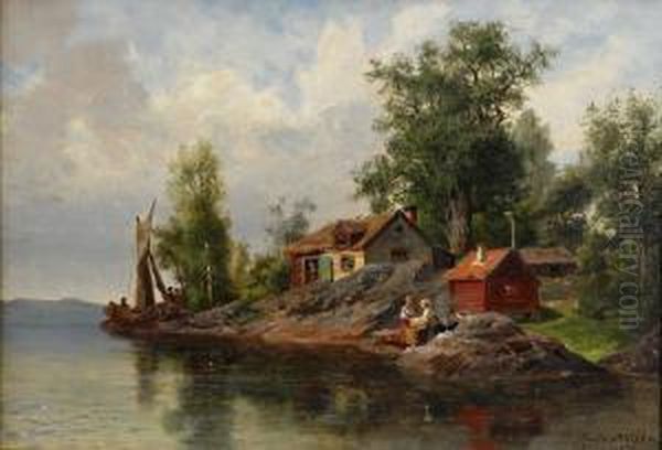 Kustlandskap Med Gardsidyll Oil Painting by Jacob Johan Silven