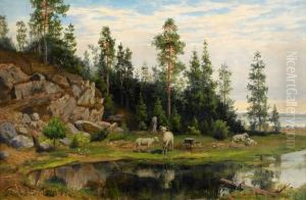 Kustlandskap Med Skogsdunge Och Far Oil Painting by Jacob Johan Silven