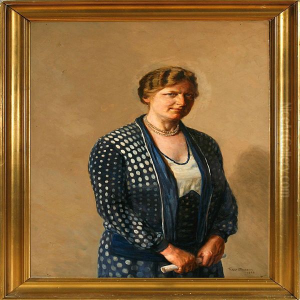 The Artist's Wife In Ablue Suit Oil Painting by Viggo Rasmus Simesen