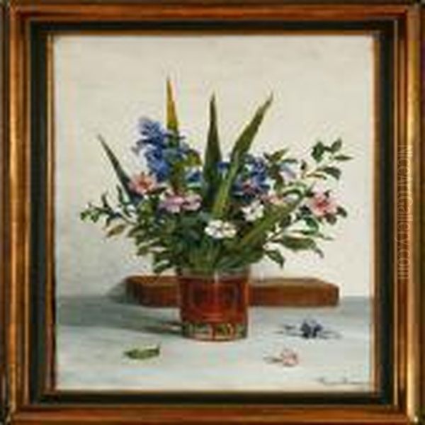 A Still Life With Flowers In A Vase On A Table Oil Painting by Viggo Rasmus Simesen