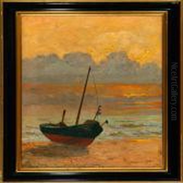 A Rowing Boat On A Beach At Sunset Oil Painting by Viggo Rasmus Simesen