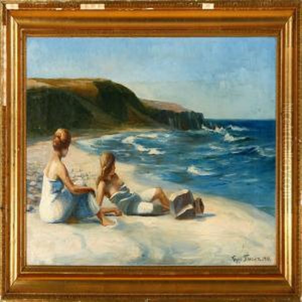 Two Young Girls On A Beach Oil Painting by Viggo Rasmus Simesen