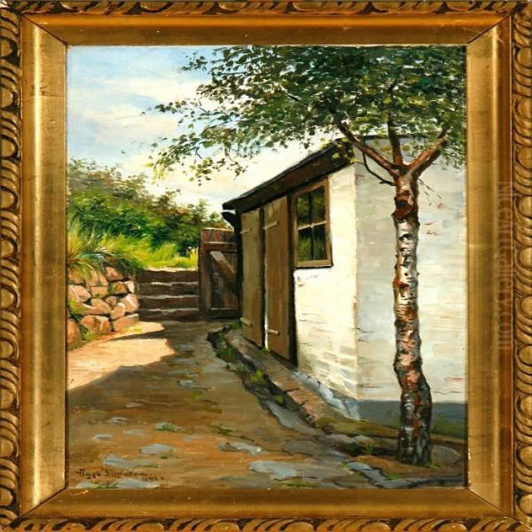 A Birch Tree In Front Of A White Washed House Oil Painting by Viggo Rasmus Simesen