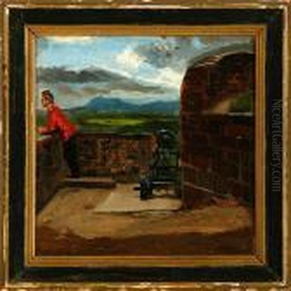 A Soldier Is Overlooking The Fields From A Fort Oil Painting by Viggo Rasmus Simesen