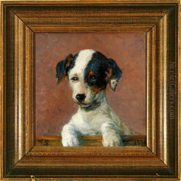 A Foxterrier Oil Painting by Viggo Rasmus Simesen