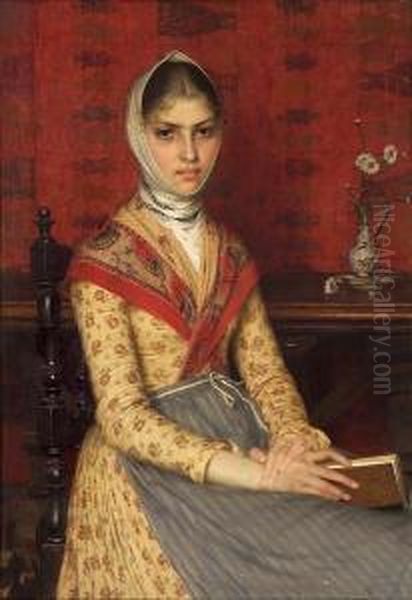 A Portrait Of A Young Woman 
Holding A Book, With A Still Life Of Flowers In An Ornamental Vase On A 
Table Beyond Oil Painting by Filadelfo Simi