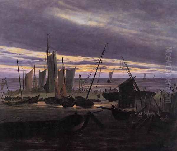 Boats in the Harbour at Evening c. 1828 Oil Painting by Caspar David Friedrich