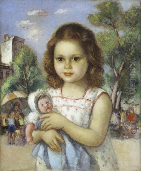 Young Girl With Doll Oil Painting by Simkha Simkhovitch