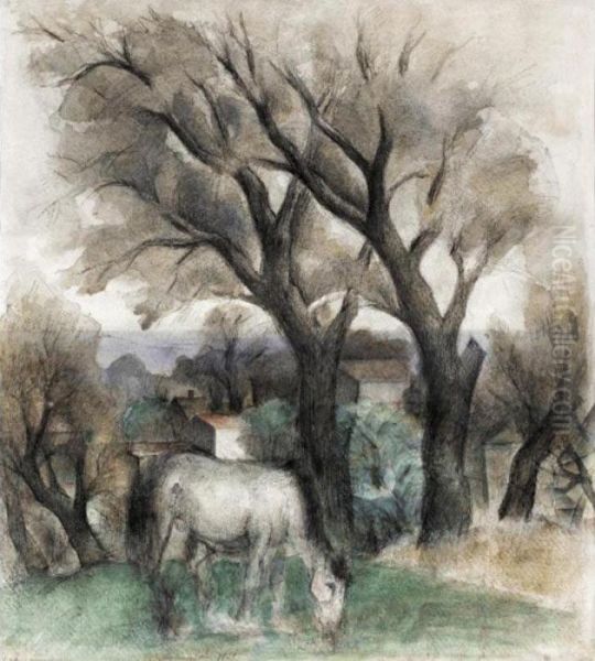 Horse Grazing By A Tree Oil Painting by Simkha Simkhovitch