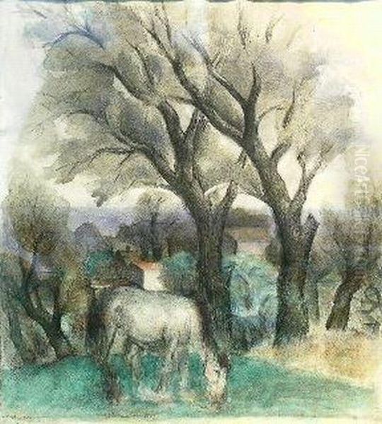 Horse Grazing Oil Painting by Simkha Simkhovitch