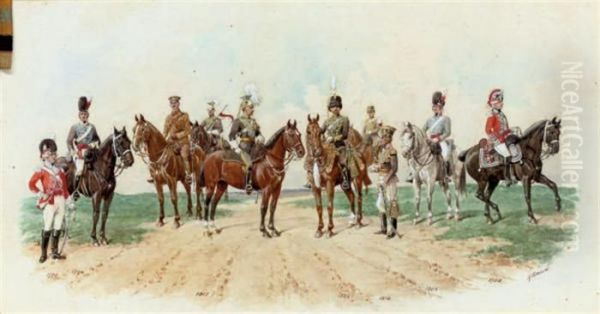 The 21st Lancers With Their Predecessors The 21st Hussars And The21st Light Dragoons Oil Painting by Richard Simkin