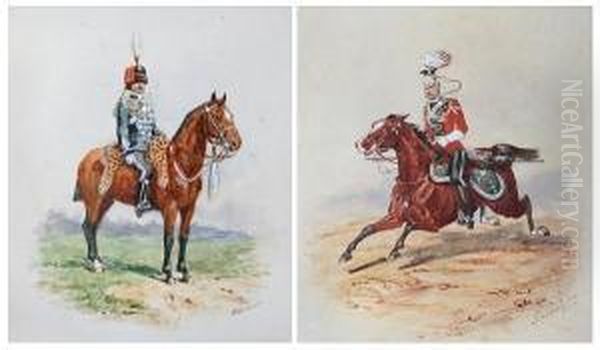 Queen's Royal Lancer On A 
Galloping Horse, Together With Northumberland Hussar On Horseback Oil Painting by Richard Simkin