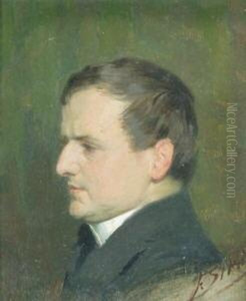 Bildnis Dr. Otto Reith Vor 
Dunkelgrunem Hintergrund, Im Profil Nach Links. Ol Auf Malkarton. 12,2 X
 10,9 Cm. Rechts Unten Signiert Sowie Ruckseitig Mit Dem Stempel Des 
Kunstlers Und No. 10. Rahmen Etwas Beschadigt. Oil Painting by Franz Xaver Simm