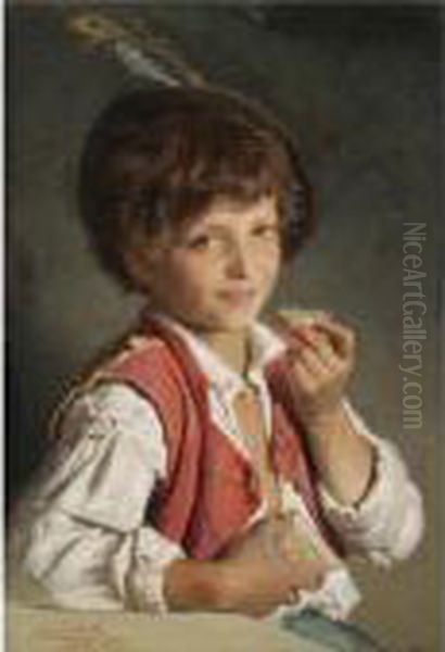 Brotzeit (young Boy Eating Bread) Oil Painting by Franz Xaver Simm