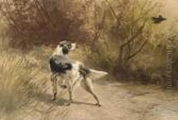 An English Setter Putting Up Woodcock Oil Painting by Hermann Gustave Simon