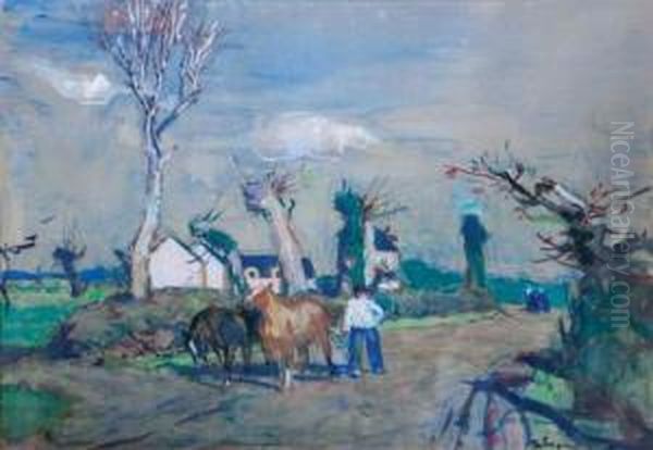  Paysan Rentrant Ses Chevaux Sur Le Chemin  Oil Painting by Lucien Simon