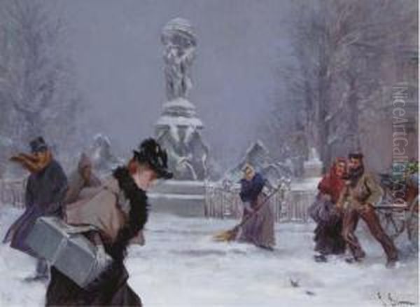 A Snow Covered Square With Figures Oil Painting by Lucien Simon