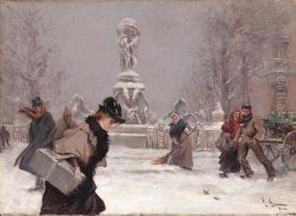 A Parisian Square In Winter Oil Painting by Lucien Simon