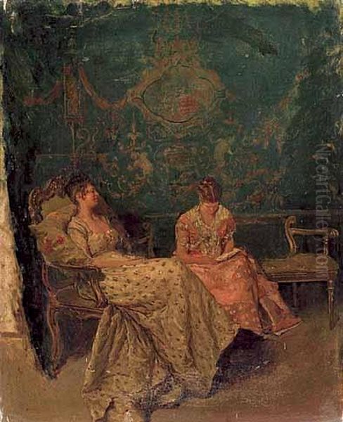 Due Gentildonne In Conversazione Oil Painting by Attilio Simonetti