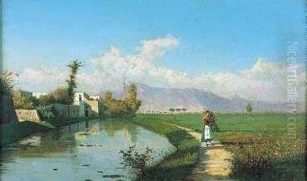 Paesaggio Con Contadinella Oil Painting by Attilio Simonetti