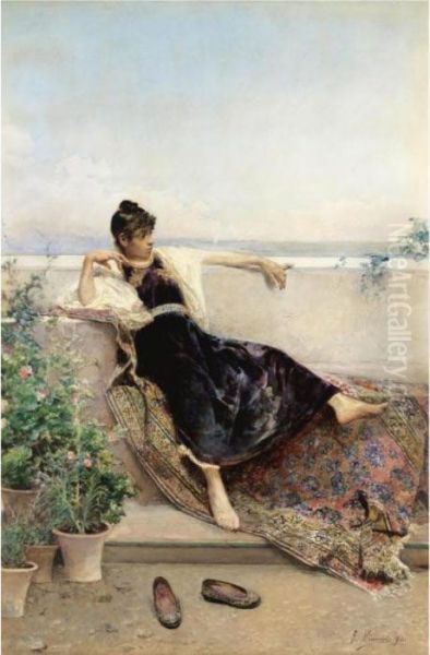 Odalisque On A Balcony Oil Painting by Gustavo Simoni