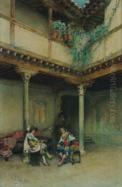 Courtyard With Musicians Oil Painting by Gustavo Simoni