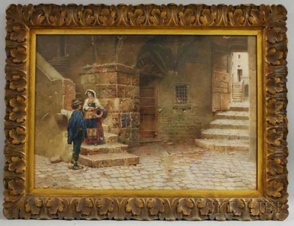 Village Scene With Couple On The Stairs In Subiaco Oil Painting by Scipione Simoni