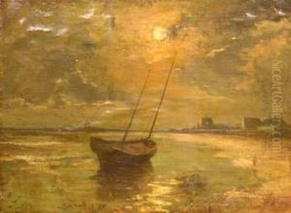 Boat In Low Tide In The Moonlight Oil Painting by Victor Simonin