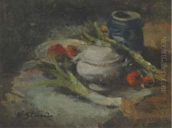 A Still Life With Leeks And Earthenware Pots Oil Painting by Victor Simonin