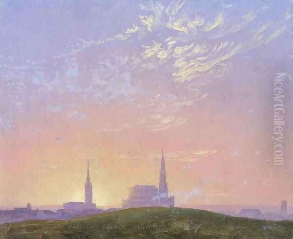 Evening: Sunset behind Dresden's Hofkirche (Abend: Sonnenuntergang hinter der Dresdener Hofkirche) Oil Painting by Caspar David Friedrich