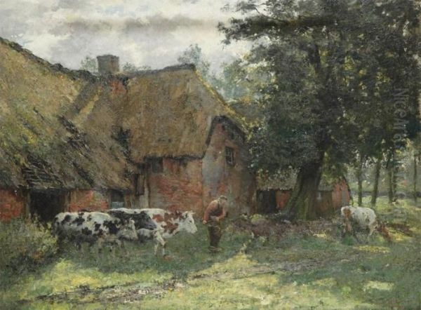 Farmer With Cows Near The Farmhouse Oil Painting by Jan Frans Simons