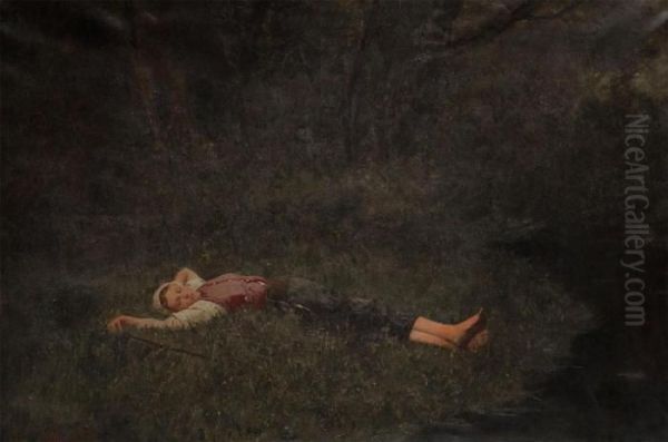 Young Farmer's Wife Resting Near A Brook Oil Painting by Jan Frans Simons