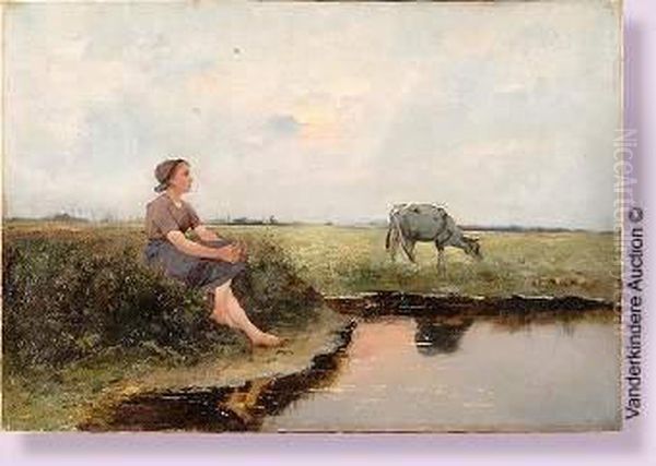 Fermiere Gardant Sa Vache Au Bord De L'eau Oil Painting by Jan Frans Simons